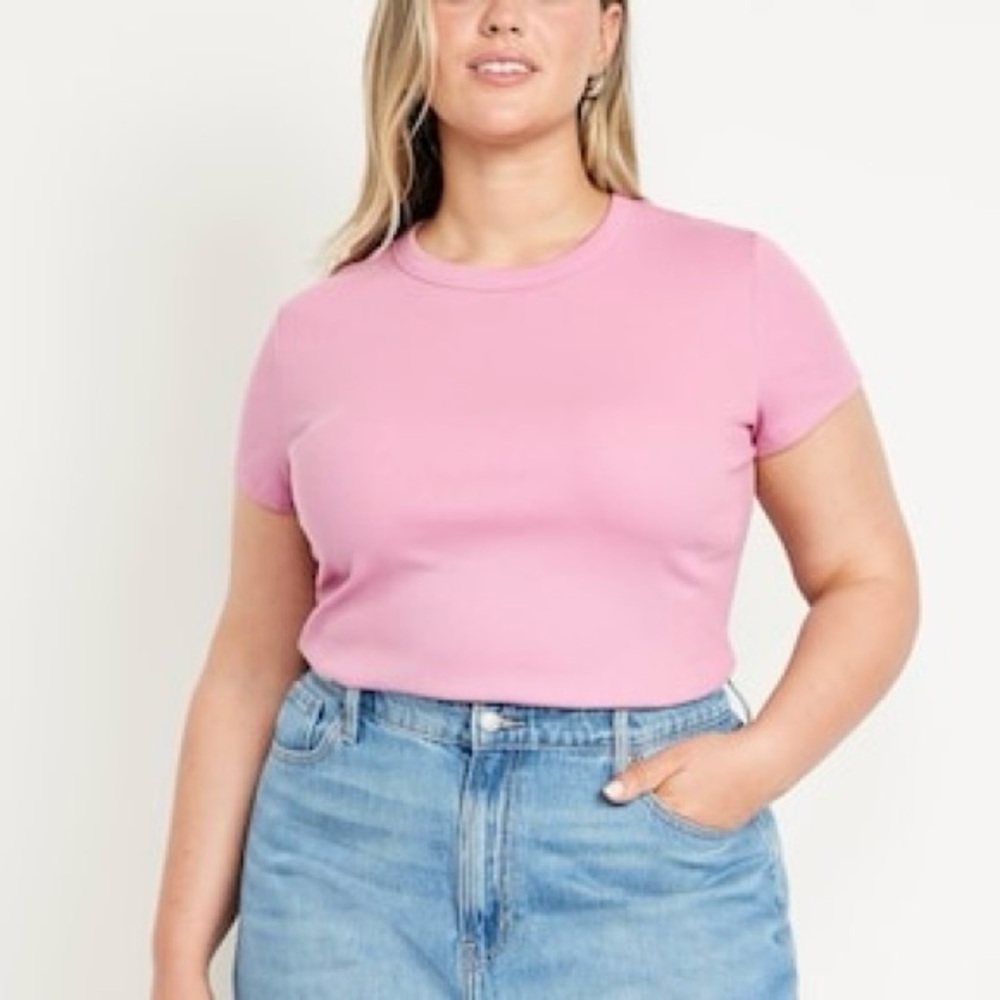 Old Navy Snug Crop T-Shirt - Pink Ribbed Tee Top - Size XL